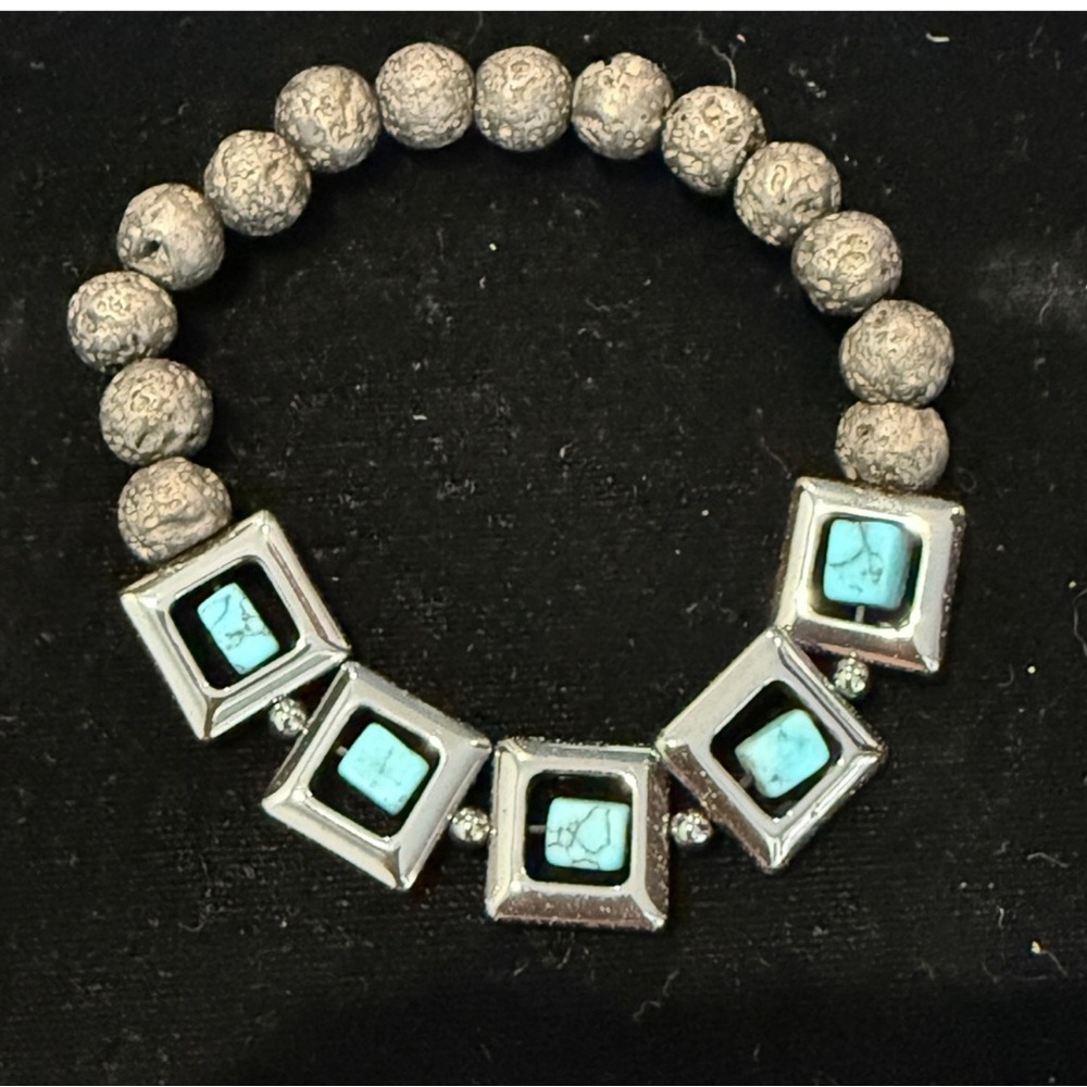 HANDMADE - Hematite, Lava Stone and Turquoise (likely howlite) Stretch Bracelet